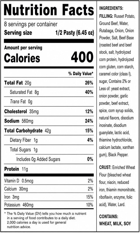 Nutrition Facts and ingredients label for Lehto's Beef Pasties.