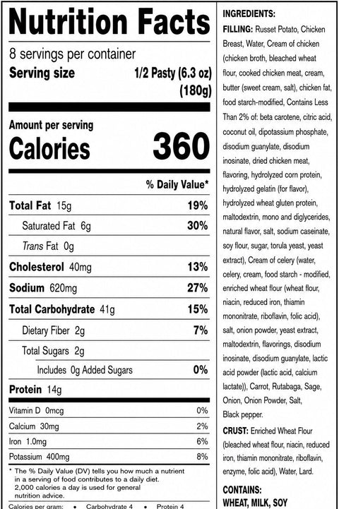 Nutrition Facts and ingredients label for Lehto's Chicken Pasties.