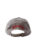 Back of the Lehto's hat in grey, embroidered with LEHTO'S PASTIES above the strap.