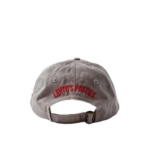 Back of the Lehto's hat in grey, embroidered with LEHTO'S PASTIES above the strap.
