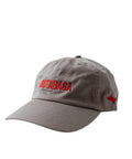 Front of the Lehto's hat in grey, embroidered with RUTABAGA in red.