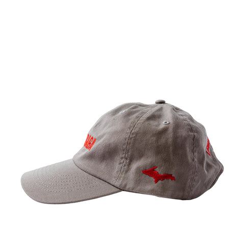 Side of the Lehto's hat in grey, with a red Upper Peninsula embroidered on the side.