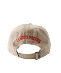 Back of the Lehto's hat in khaki, embroidered with LEHTO'S PASTIES above the strap.