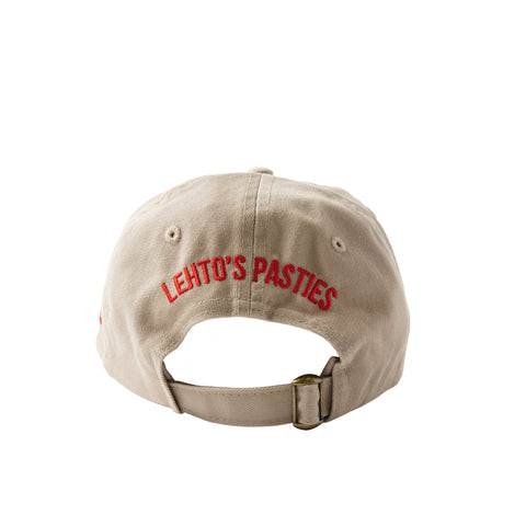 Back of the Lehto's hat in khaki, embroidered with LEHTO'S PASTIES above the strap.
