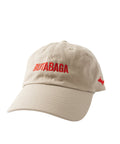 Front of the Lehto's hat in khaki, embroidered with RUTABAGA in red.