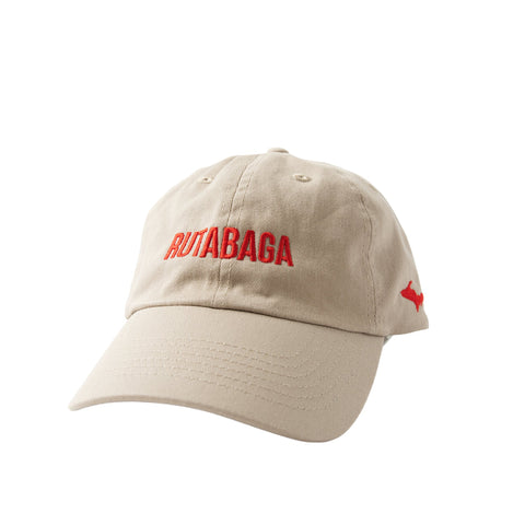 Front of the Lehto's hat in khaki, embroidered with RUTABAGA in red.