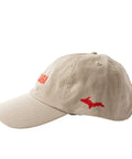 Side of the Lehto's hat in khaki, with a red Upper Peninsula embroidered on the side.