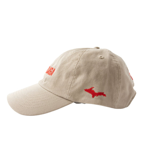 Side of the Lehto's hat in khaki, with a red Upper Peninsula embroidered on the side.