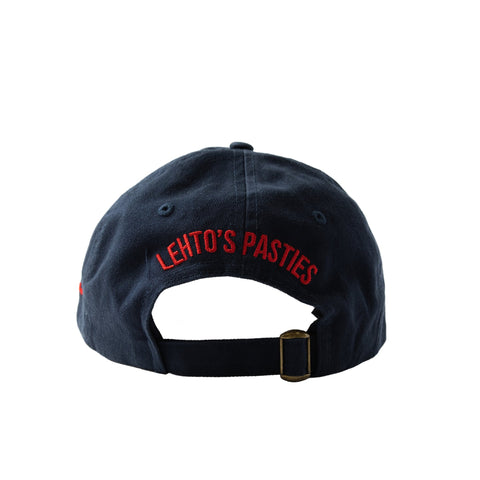 Back of the Lehto's hat in navy, embroidered with LEHTO'S PASTIES above the strap.