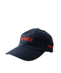 Front of the Lehto's hat in navy, embroidered with RUTABAGA in red.
