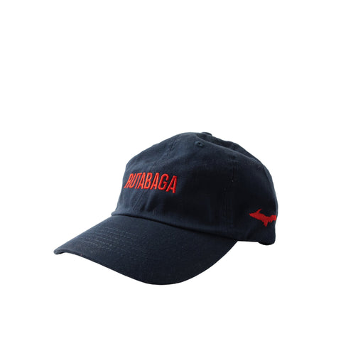 Front of the Lehto's hat in navy, embroidered with RUTABAGA in red.