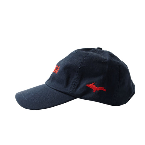 Side of the Lehto's hat in navy, with a red Upper Peninsula embroidered on the side.