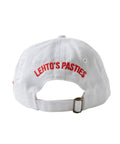 Back of the Lehto's hat in white, embroidered with LEHTO'S PASTIES above the strap.