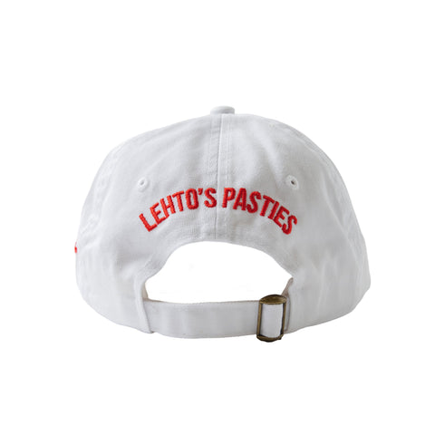 Back of the Lehto's hat in white, embroidered with LEHTO'S PASTIES above the strap.
