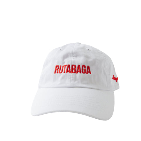 Front of the Lehto's hat in white, embroidered with RUTABAGA in red.