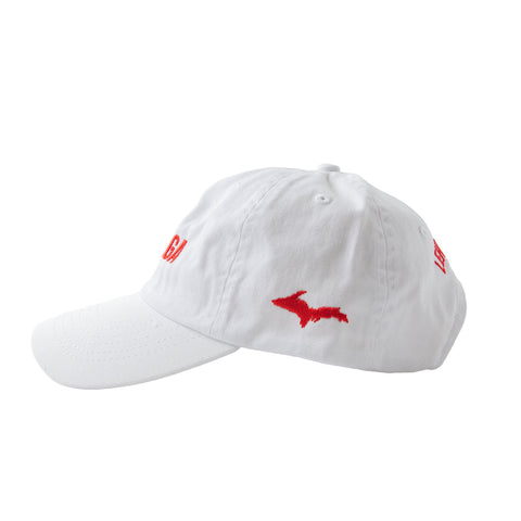Side of the Lehto's hat in white, with a red Upper Peninsula embroidered on the side.