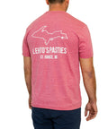 Back of the Lehto's T-shirt in Heather Cardinal Red: an Upper Peninsula outline over Lehto's Pasties, St. Ignace, MI.