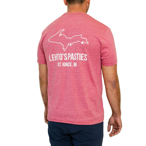 Back of the Lehto's T-shirt in Heather Cardinal Red: an Upper Peninsula outline over Lehto's Pasties, St. Ignace, MI.