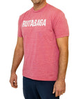 Front of the Lehto's T-shirt in Heather Cardinal Red, printed with RUTABAGA.