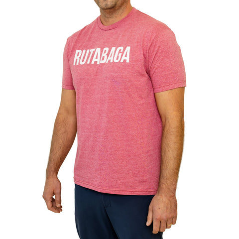 Front of the Lehto's T-shirt in Heather Cardinal Red, printed with RUTABAGA.