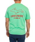 Back of the Lehto's T-shirt in Heather Irish Green: an Upper Peninsula outline over Lehto's Pasties, St. Ignace, MI.