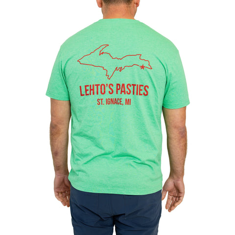 Back of the Lehto's T-shirt in Heather Irish Green: an Upper Peninsula outline over Lehto's Pasties, St. Ignace, MI.