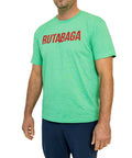 Front of the Lehto's T-shirt in Heather Irish Green, printed with RUTABAGA.