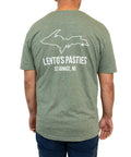 Back of the Lehto's T-shirt in Heather Military Green: an Upper Peninsula outline over Lehto's Pasties, St. Ignace, MI.