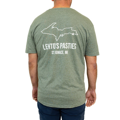 Back of the Lehto's T-shirt in Heather Military Green: an Upper Peninsula outline over Lehto's Pasties, St. Ignace, MI.