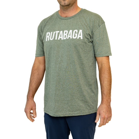 Front of the Lehto's T-shirt in Heather Military Green, printed with RUTABAGA.