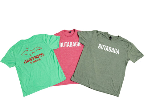 Lehto's T-shirts in Heather Irish Green, Heather Cardinal Red and Heather Military Green.